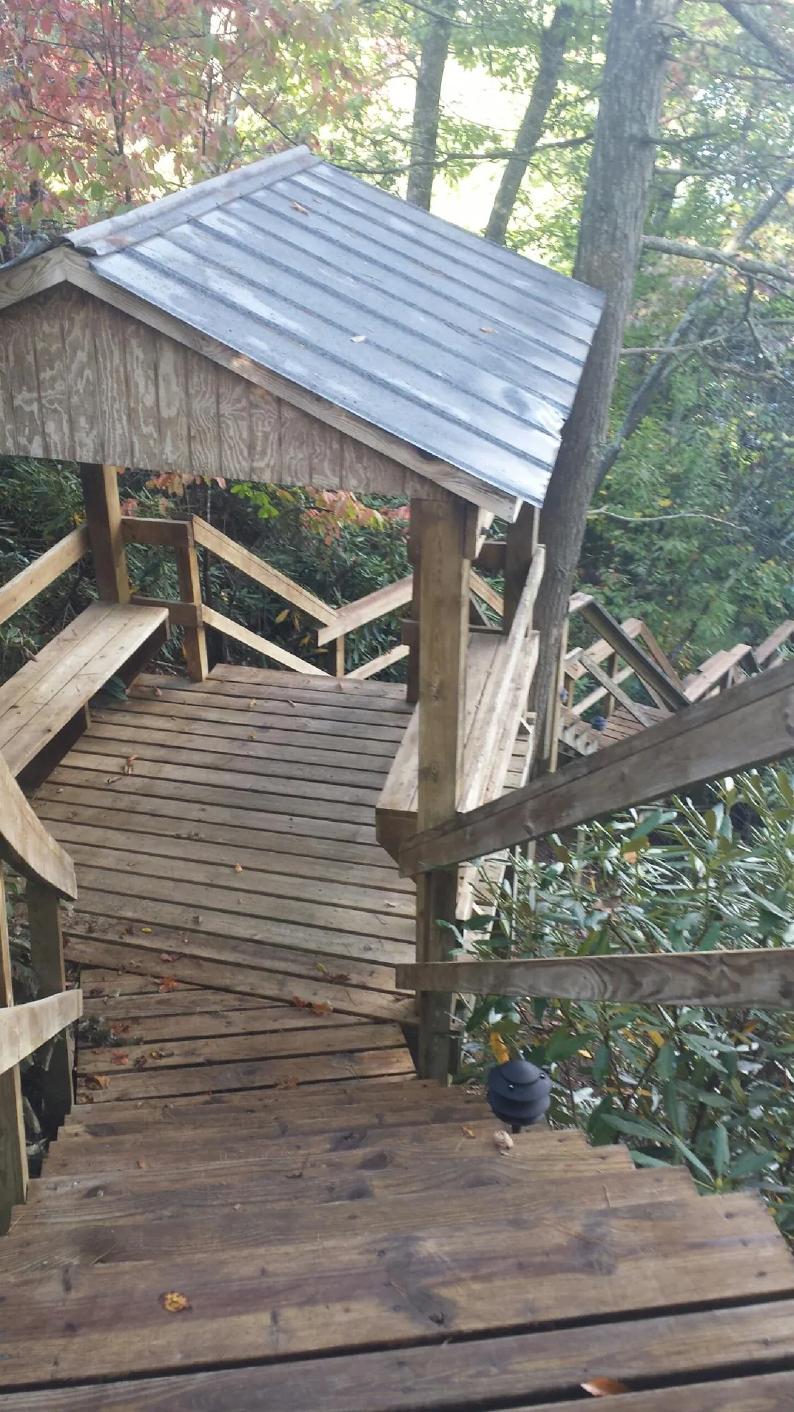Metal roofed shelter over wooden steps on a wooded walkway — Skylight Repair & Installation work by our crew in Allen Park